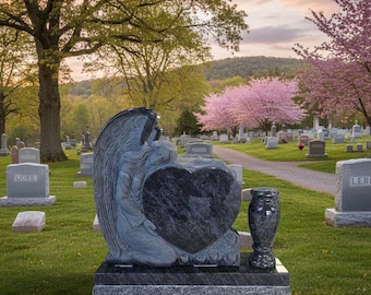 Angel Heart Headstone – Bahama Blue Granite Memorial Marker, Garden Tribute