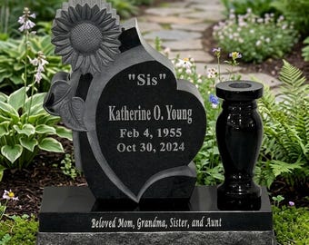 Personalized Black Granite Headstone: Sculpted Sunflower Grave Marker