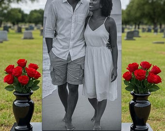 Life Sized Custom Headstone Cemetery Grave Marker Memorial Stones, Black Granite, Full Portrait Etchings