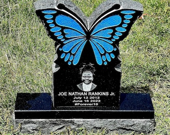Laser Engraved Black Granite Butterfly Headstone 24x26" | Custom Headstone | Personalized Memorial Stone