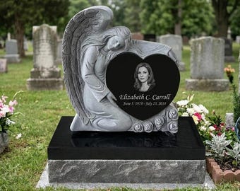 EconoMonument™ Sculpted Angel Headstone, Cemetery Monument. Black Granite Grave Marker, Custom Tombstone Memorial