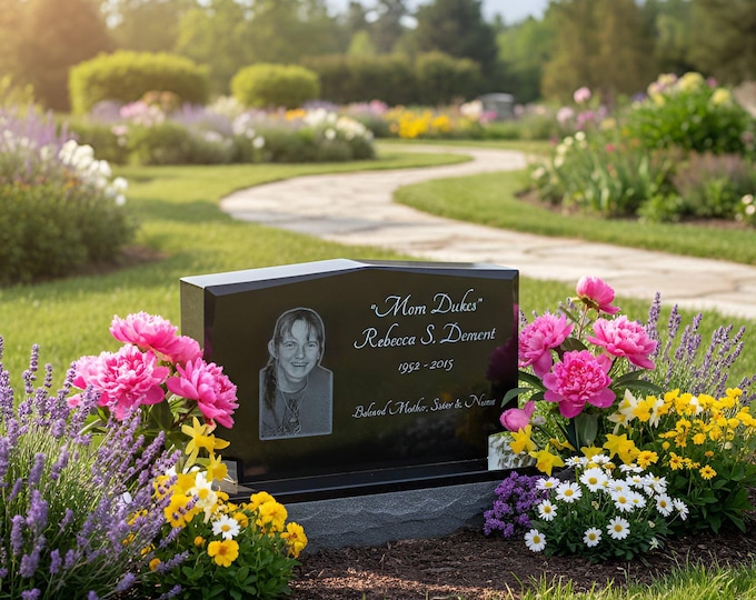 Featured listing image: Personalized Laser Engraved Mini Upright Black Granite Headstone | Cemetery Grave Marker | Footstone | Garden Stone | Pet Memorial Stone