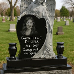 Custom Sculpted All Natural Black Granite Standing Angel Grave Site Headstone Memorial, Personalized Gravestone Monument