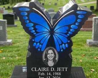 Black Granite Butterfly Headstone – Blue Butterfly Memorial | Upright Cemetery Monument or Garden Tribute – EconoMonument™