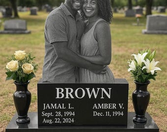 Life Sized Custom Headstone Cemetery Grave Marker Memorial Stones, Black Granite, Full Portrait Etchings