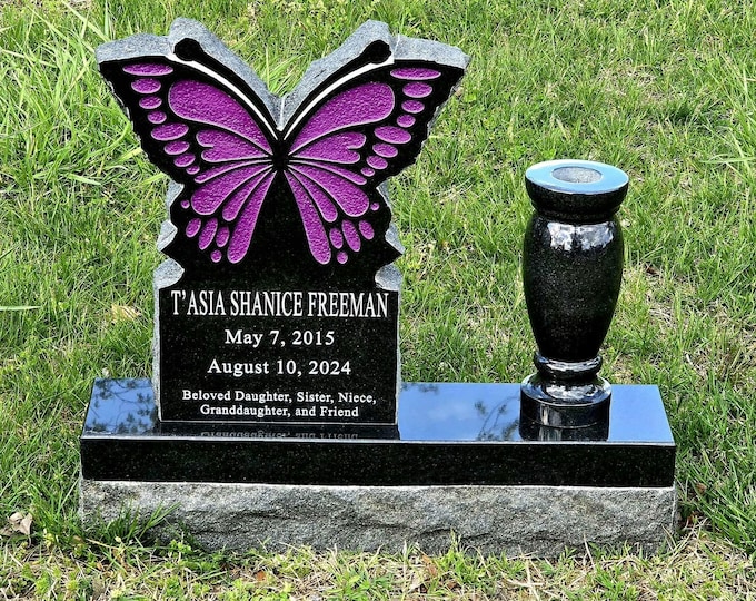 Featured listing image: EconoMonument™ Butterfly Headstone 18x20 | Custom Headstone | Personalized Memorial Stone | Cemetery Monument | Black Granite Tombstone