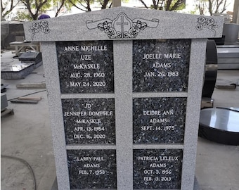 Custom 6 Niche Columbarium, Cemetery Grave Marker, Gray Granite Frame with Blue Pearl Doors