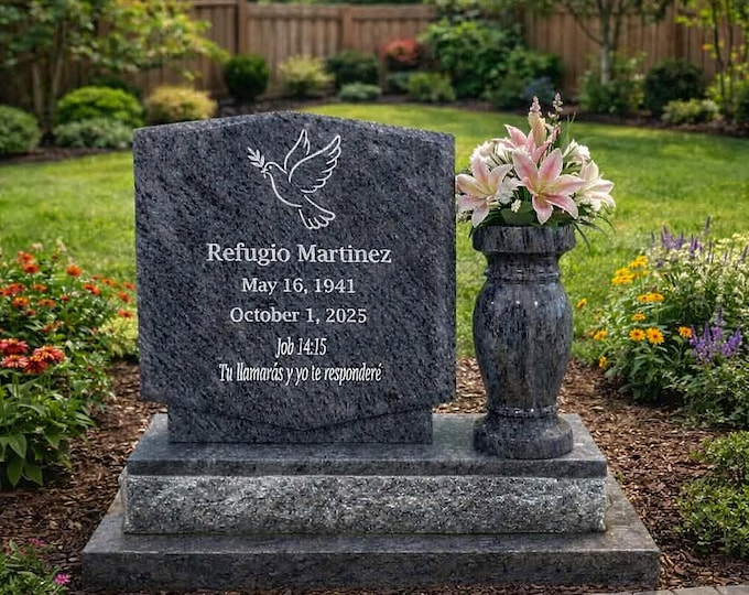 Featured listing image: Bahama Blue Granite Memorial Headstone: Custom Engraved Pet/Garden Grave Marker