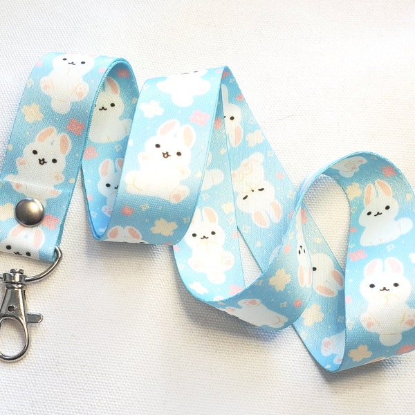 1 inch Kawaii pastel blue white bunny with Sakura design lanyard