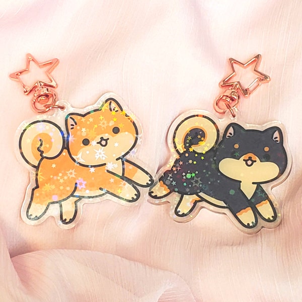 2 inch long kawaii double sided holographic acrylic black or red Shiba Inu keychain. Single side is holo, other is plain!