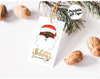Printable Santa Gift Tags, My Skin Tone Santa, Present Tags, Instant Download, Retro Xmas Tags, Cute Holiday Present Name Tags, Santa