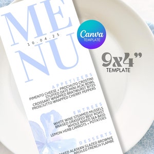Plantilla Blue Menu Canva 9x4", tarjeta de cena DIY de boda imprimible, menús de flores, descarga de eventos florales editables, decoración de boda azul polvoriento