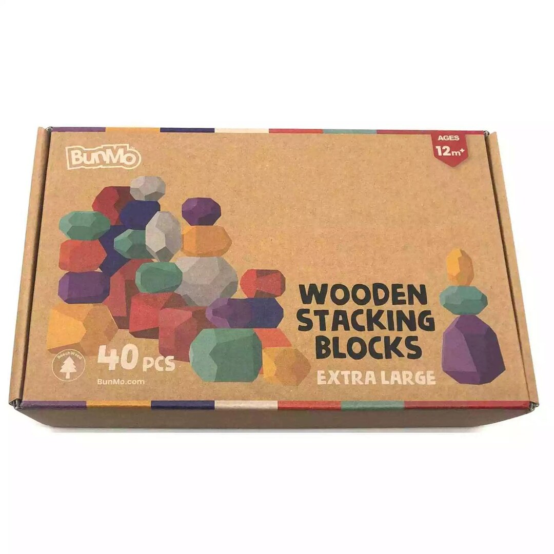 Stack And Build Bunmo Wooden Stack and Build Set, 40 Pieces, Multicolor, Blocks Look ...