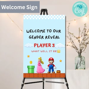 Mario and Princess Peach Gender Reveal Welcome Sign, Mario, Luigi, Toad, Peach, Welcome Sign for Gender Reveal. Editable, Instant Download