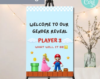 Mario and Princess Peach Gender Reveal Welcome Sign, Mario, Luigi, Toad, Peach, Welcome Sign for Gender Reveal. Editable, Instant Download