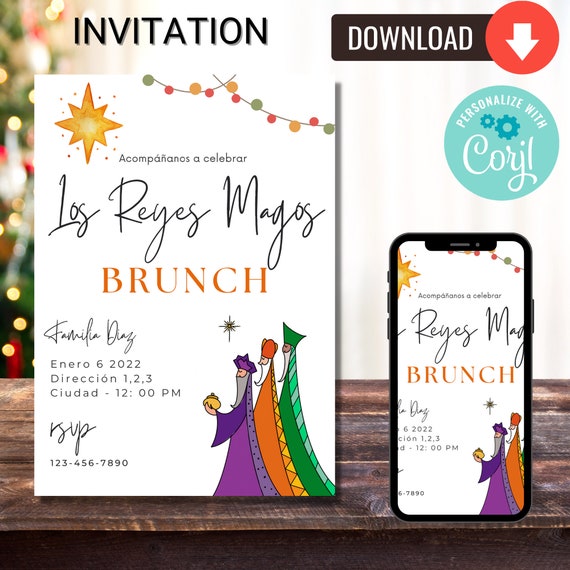 Three Kings Day Invitation, Dia de los Reyes Invitation, Tres Reyes Magos Menu, Brunch Three Kings Day, Spanish Holiday Puerto Rican