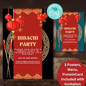 Convite Hibachi, Aniversário Hibachi, Festa em Restaurante Japonês, Festa Hibachi, Menu Hibachi, Convite para Jantar Hibachi, Cartão de Menu Hibachi