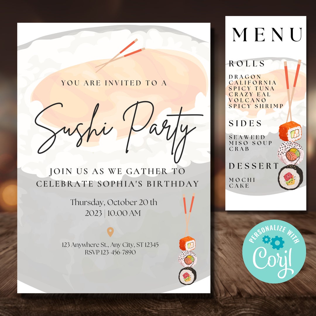 Sushi Party Invitation Sushi Party Menu Sushi Birthday Party Etsy