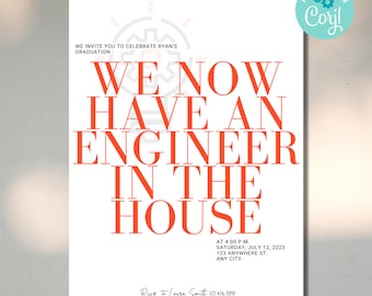 Engineer School Graduation Invitation, Engineer Graduation Invitation,  Engineer School Invitation, Engineering, Engineer School Party