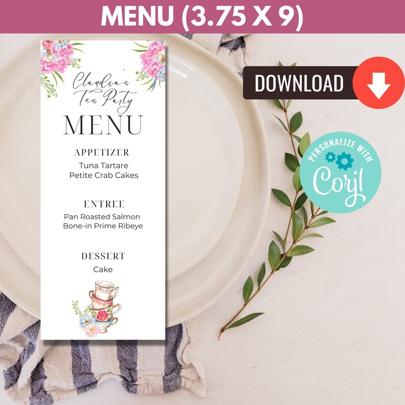 Pu&ograve; includere: Un modello di menu per un tea party stampabile con un design floreale. Il menu include antipasti, piatti principali e dessert. Il testo sul menu recita "Claudia's Tea Party Menu".