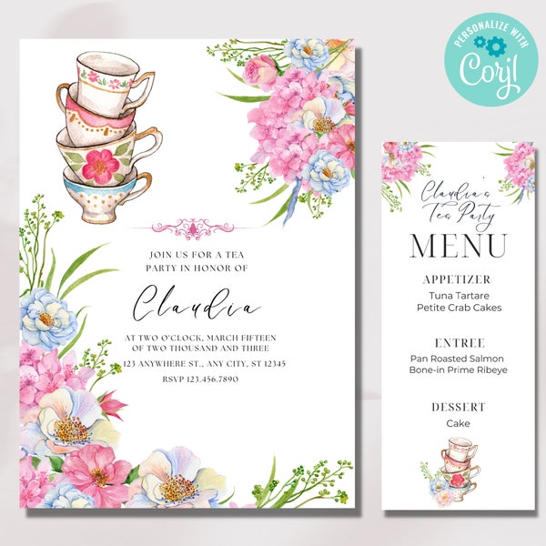 Tea Party Invitation, Tea Party Menu, Tea Party Seating Cards, Rehearsal Dinner, Bridal Shower Tea Party, Tea Party Birthday, Download