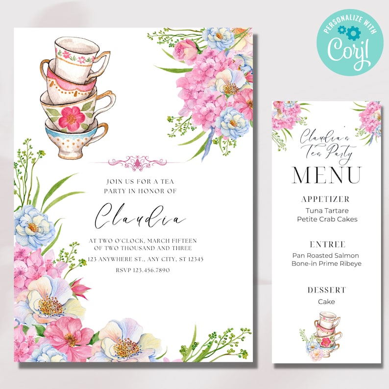 Pu&ograve; includere: Un invito a un tea party con un design floreale ad acquerello e una pila di tazze da t&egrave;. L'invito include il testo "Unisciti a noi per un tea party in onore di Claudia" e dettagli sull'evento. La carta del menu include il testo "Menu del tea party di Claudia" e elenca gli antipasti, il piatto principale e il dessert.