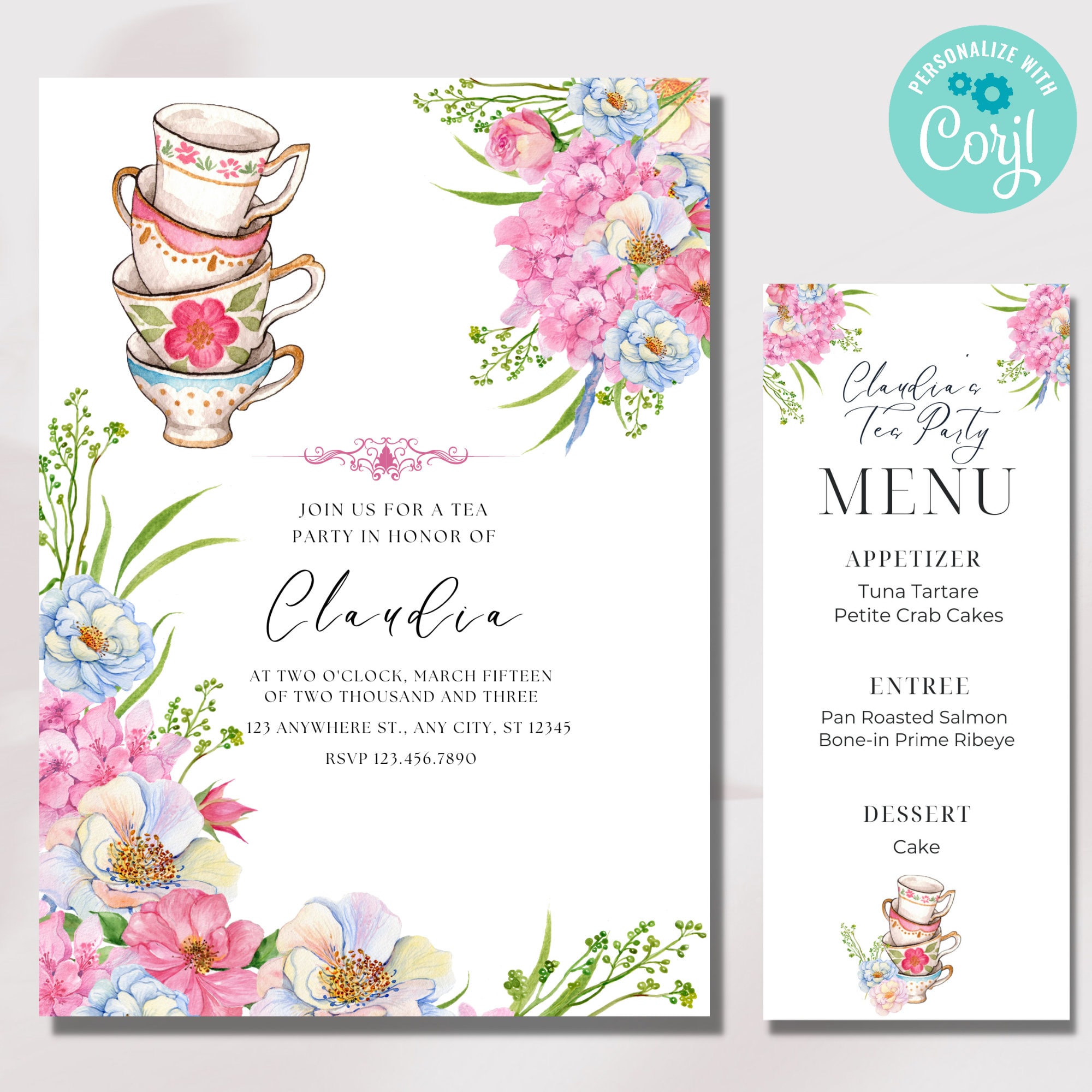 Tea Party Invitation, Tea Party Menu, Tea Party Seating Cards, Rehearsal  Dinner, Bridal Shower Tea Party, Tea Party Birthday, Download - Etsy, image size:2000x2000