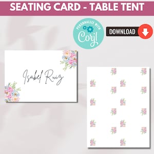 Pu&ograve; includere: Un modello di carta da sedere stampabile con un design floreale. La carta presenta un'illustrazione ad acquerello di fiori rosa, blu e bianchi nell'angolo. Il testo "Isabel Ruiz" &egrave; scritto in corsivo nero sulla carta.