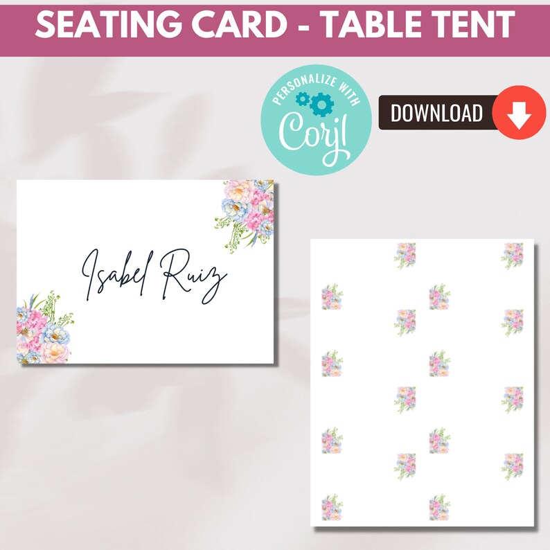 Pu&ograve; includere: Un modello di carta da sedere stampabile con un design floreale. La carta presenta un'illustrazione ad acquerello di fiori rosa, blu e bianchi nell'angolo. Il testo "Isabel Ruiz" &egrave; scritto in corsivo nero sulla carta.