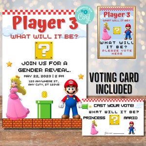 Mario et Princess Peach Gender Reveal Invitation, Mario Brothers Gender Reveal, Gender Reveal Vote Card, Gender Reveal Invitation, Decor