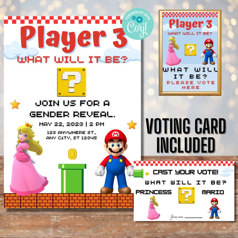 Mario and Princess Peach Gender Reveal Invitation Mario Etsy