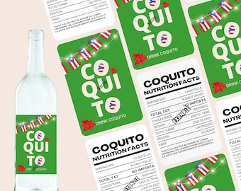 May include: Green and white label with the text "Coquito" and "Drink Coquito" on it. The label also has a Puerto Rican flag and a string of lights. The label is for a bottle of Coquito, a Puerto Rican Christmas drink.