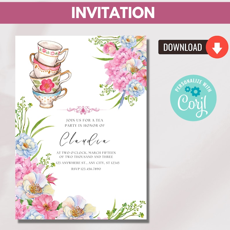 Pu&ograve; includere: Un invito a un tea party con un design floreale ad acquerello e una pila di tazze da t&egrave;. L'invito recita "Join us for a tea party in honor of Claudia at two o'clock, March fifteen of two thousand and three, 123 Anywhere St., Any City, ST 12345, RSVP 123.456.7890".