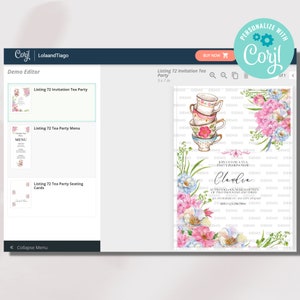 Pu&ograve; includere: Un invito stampabile per un tea party con un'illustrazione ad acquerello di una pila di tazze da t&egrave; e fiori rosa e blu. Il testo sull'invito recita "Unisciti a noi per un tea party in onore di Claudia".