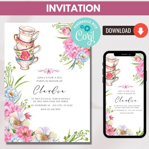 Pu&ograve; includere: Un invito stampabile per un tea party con un'illustrazione ad acquerello di una pila di tazze da t&egrave; e fiori rosa e blu. L'invito dice "Join us for a tea party in honor of Claudia at two o'clock, March fifteen of two thousand and three, 123 Anywhere St., Any City, ST 12345, RSVP 123.456.7890".