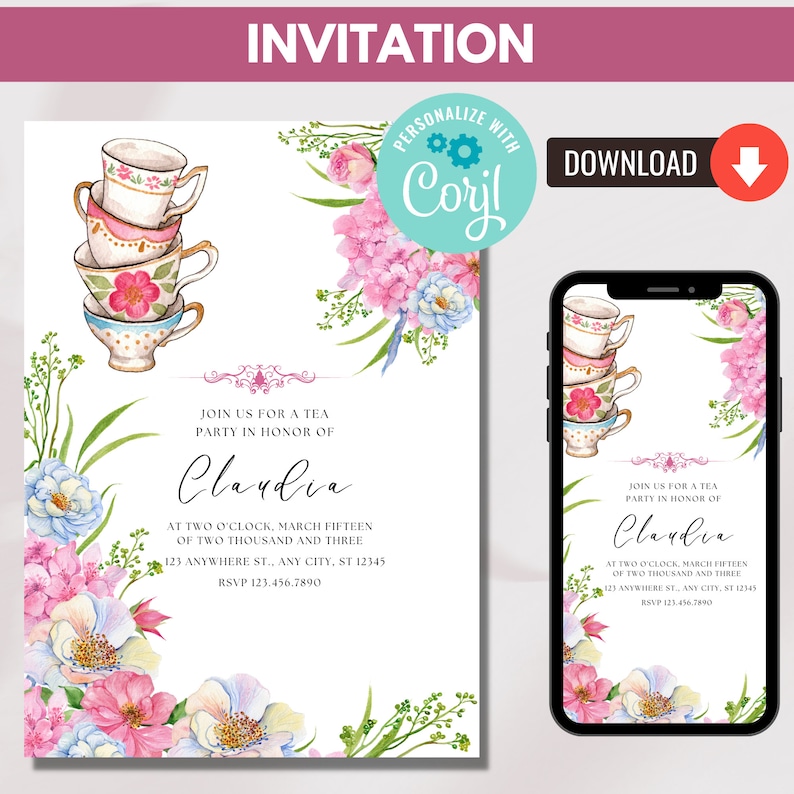 Pu&ograve; includere: Un invito stampabile per un tea party con un'illustrazione ad acquerello di una pila di tazze da t&egrave; e fiori rosa e blu. L'invito dice "Join us for a tea party in honor of Claudia at two o'clock, March fifteen of two thousand and three, 123 Anywhere St., Any City, ST 12345, RSVP 123.456.7890".