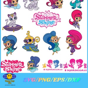 Op de afbeelding: Een set digitale snijbestanden met personages uit de animatieserie Shimmer and Shine. De personages omvatten Shimmer, Shine, Leah en Nahal. De bestanden zijn beschikbaar in de formaten SVG, PNG, EPS en DXF. De tekst "Shimmer and Shine" is ook inbegrepen in de set. De tekst "#SquadGoals" verschijnt twee keer in de afbeelding.