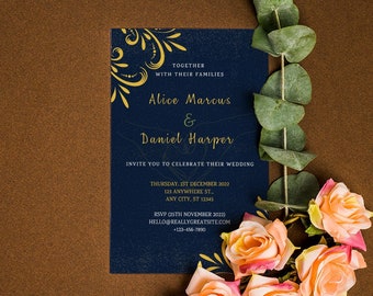 Editable Minimalist wedding Invitation | Custom  blue and gold Wedding Invitation with Venue | Modern Floral Invitation Suite Template