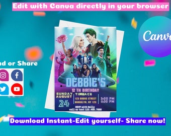 Op de afbeelding: Een kleurrijke verjaardagsuitnodiging met personages uit de film "Debbie's 12th Birthday". De uitnodiging bevat de datum, tijd, locatie en RSVP-informatie. De tekst op de uitnodiging luidt "Debbie's 12th Birthday", "Sunday August 24th", "Timeace 123 Broos Street Brooklyn, NY 123", "1:00 PM 6:30 PM", "RSVP with Holly call or text 123.456.7890".