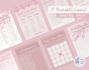 Baby Shower Games - Printable Baby Shower Games - Digital Download - Baby Shower Game Bundle - Pink Shower Games - Cherry Blossom Shower