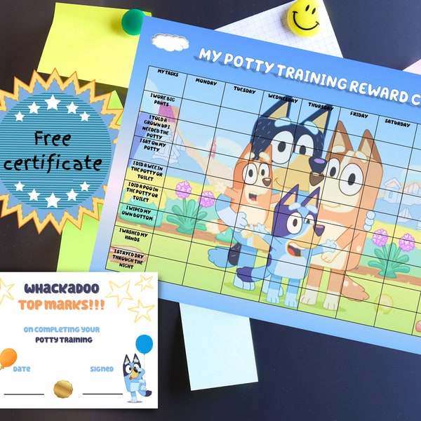 Printable potty training chart digital download Blue dog PDF & PNG included, free completion certificate included