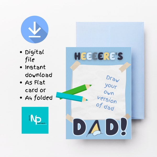 Bluey inspired Father's day or birthday greetings card post card. Instant download printable A5 flat or A4 folded card JPEG 300dpi