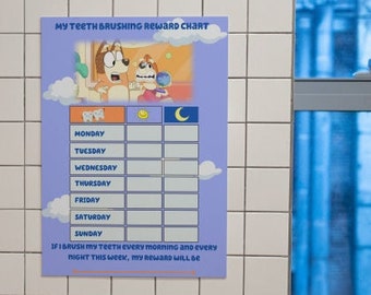 Teeth brushing reward chart blue dog downloadable printable PNG and PDF print included A4 portrait