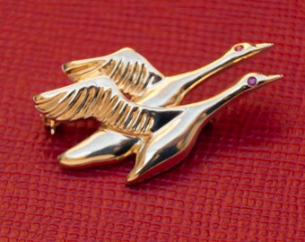 Vintage 1989 "Geese Mate for Life" Ruby Brooch Pin