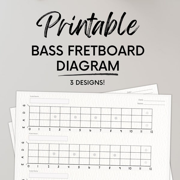 Printable Blank Bass Guitar Fretboard Chart Neck Diagram Teacher Student Music Scale Standard US Letter Play 4 String Instant Download PDF