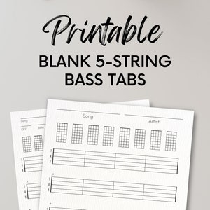 Tablaturas de baixo de 5 cordas em branco e tabelas de escala para iniciantes, imprimíveis em casa no tamanho carta padrão dos EUA Reproduzir download instantâneo PDF BEADG Imprimir