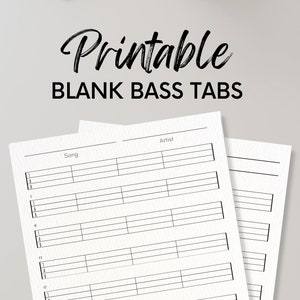 Könnte beinhalten: Druckbare leere Basstabs mit Zeilen für Songtitel, Künstler und nummerierte Takte. Die Tabs sind für einen viersaitigen Bass konzipiert.
