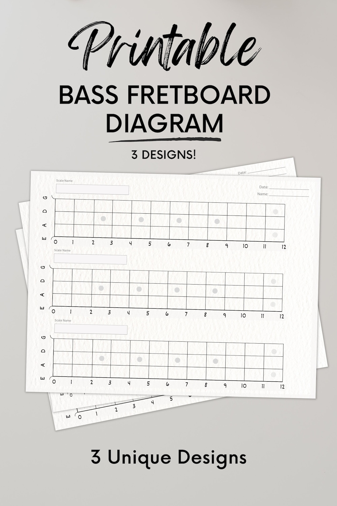 Printable Blank Bass Guitar Fretboard Chart Neck Diagram Teacher Student Music Scale Standard US