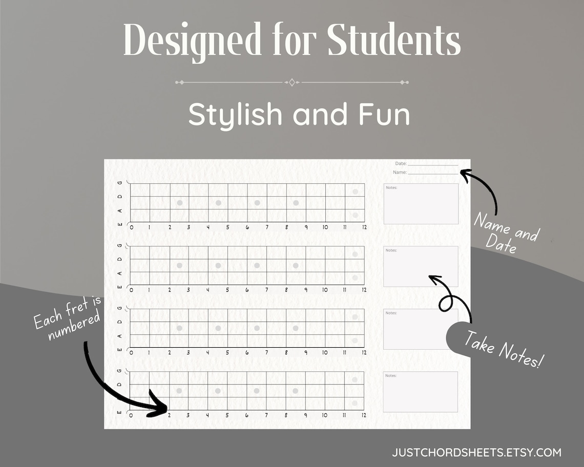 Printable Blank Bass Guitar Fretboard Chart Neck Diagram Teacher Student Music Scale Standard US