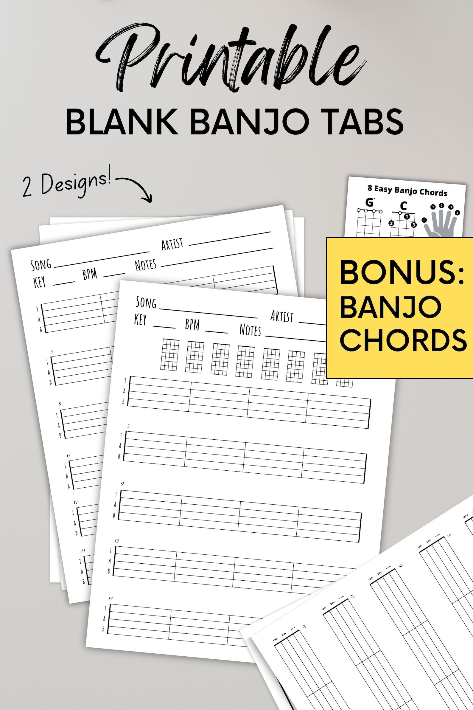 Blank Banjo Tabs BONUS Chord Charts for Beginners Bluegrass Printable ...